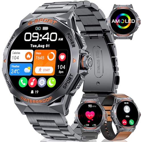 SUNKTA Smartwatch Herren mit 400mAh Akku(3 Armbänder), 1,43" AMOLED Smart Watch mit Telefonfunktion für Android iOS, IP68 Wasserdicht 120+Sportmodi Fitnessuhr mit Herzfrequenz/Schlafmonitor,Schwarz von SUNKTA