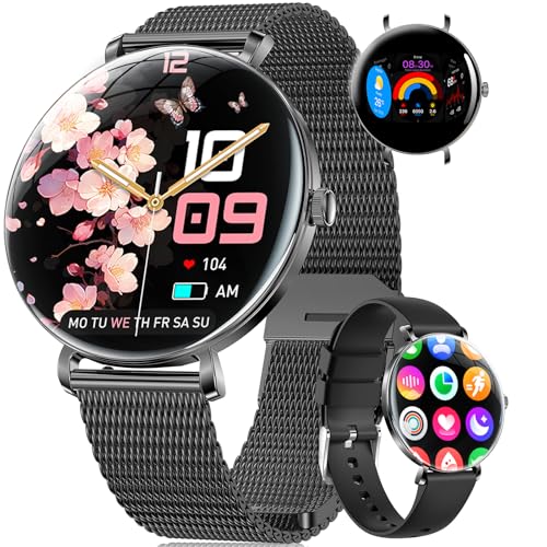 Smartwatch Damen Leichte mit Ultradünn Gebogen AMOLED-Bildschirm Telefonfunktion Schrittzähler/Menstruationszyklus/Herzfrequenz IP68 Wasserfest 100+ Sportmodi Smartwatch für Damen Mädchen Android iOS von SUNKTA