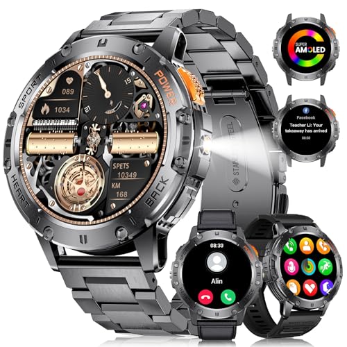 Smartwatch für Herren, mit LED-Taschenlampe, 3,9 cm (1,43 Zoll), AMOLED Smartwatch für Herren, Anruf, Bluetooth, für Android iOS, 530 mAh, Herrenuhr, Stahl, Schwarz, Herzfrequenz, Gesundheitsmonitor, von SUNKTA