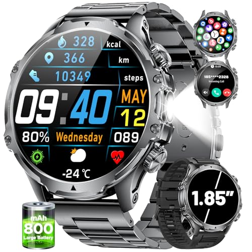 SUNKTA Militär Smartwatch Herren,1,85'' HD-Display/800 mAh Akku Sportuhr mit Taschenlampe/100+ Sportmodi,IP68 Wasserdicht Fitnessuhr mit Herzfrequenz,SpO2,Schlafmonitor für Android/iOS 2 Armbänders von SUNKTA