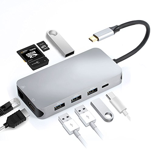 9 in 1 USB C Hub auf HDMI & RJ45, Thunderbolt 3, USB-C Power Delivery, SD und Micro SD/TF Kartenleser, 4 USB 3.0 Ports von SUNKY