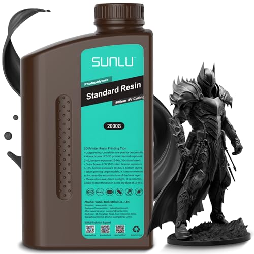 SUNLU 3D Drucker Resin 2KG, 405nm UV Härtendes Harz, Standard Photopolymer 3D Druck Resin für 4K/8K LCD/DLP/SLA Resin Drucker, Hohe Präzision, Niedrige Schrumpfung, Schwarz 2000g von SUNLU