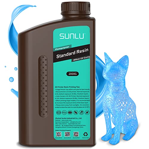 SUNLU 3D Drucker Resin 2KG, 405nm UV Härtendes Harz, Standard Photopolymer 3D Druck Resin für 4K/8K LCD/DLP/SLA Resin Drucker, Hohe Präzision, Niedrige Schrumpfung, Transparent Blau 2000g von SUNLU