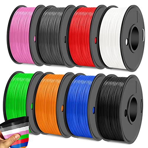 SUNLU TPU Filament Bundle Mehrfarbig, Flexible TPU 3D Drucker 1.75mm, 0.25kg/Spule,8 Packung Insgesamt 2KG,Hohe Zähigkeit und Biegbarkeit, Schwarz+weiß+grau+pink+blau+rot+grün+orange von SUNLU
