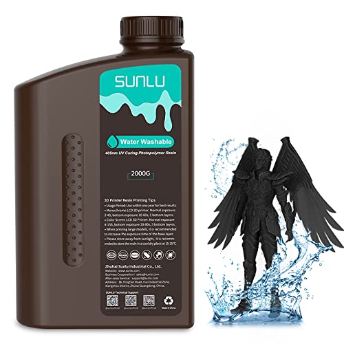 SUNLU Wasser Abwaschbar 3D Drucker Resin 2kg, 405nm UV Harz 3D Druck Standard Photopolymer Harz für 4/6/8K LCD DLP SLA Resin 3D Printer, Hohe Präzision,Geringer Geruch,Water Washable,Schwarz 2000g von SUNLU