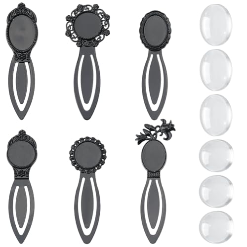 SUNNYCLUE 1 Box mit 12 Stück DIY 6 Sets Cabochon-Lesezeichen 6 Stück Lesezeichen Rohlinge mit 6 Glas-Cabochons DIY Lesezeichen Kits Blume oval schwarz Vintage Metall Lesezeichen zum Basteln Lesen von SUNNYCLUE