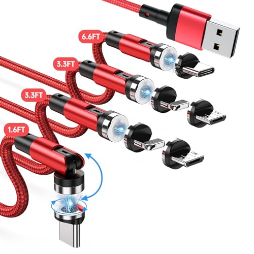 SUNTAIHO Ladekabel Magnetisch USB-Kabel [4Stück, 0.5M+1M+1M+2M] 3 in 1 Magnetisches Ladekabel 360° und 180° Drehbar USB C Magnet Kabel für Micro USB/Type C/i-Produkt - Rot von SUNTAIHO