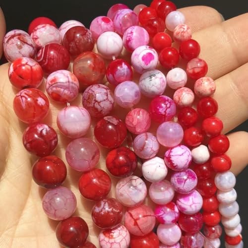Rote Korallen-Jade-Kristall-Lava-Mineralperlen, natürliche lose Steinperlen zur Schmuckherstellung, DIY-Armband, 15 Zoll, 4 6 8 10 12 mm, Crackle-Achat, 10 mm (ca. 36 Stück) von SUOCMG