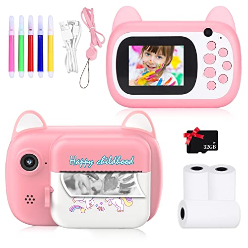 SUPBRO Kinderkamera Digitalkamera Kinder mit 2,4 Zoll Großbildschirm 1080P HD 12MP Eingebaute 32GB SD-Karte Print Sofortbildkamera für 3-10 Jahre Alter Mädchen Geburtstag Kinder Spielzeug Katze von SUPBRO