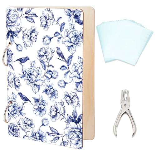SUPERDANT Grußkarten Organizer Kolibri Motiv Grußkartenordner Mit Blauer Flower Und Vogel Kartenhalter Aus Holz 2 Ring Für Geburtstag Hochzeit Urlaub Mit Locher Und 20 Taschen von SUPERDANT