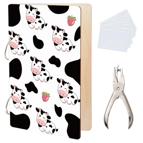 SUPERDANT Grußkarten Organizer Mit Cartoon Kuh Motiv Tier Grußkarten Ordner Lustiger Kartenhalter Aus Holz 2 Ring Postkartenalbum Für Geburtstage Und Hochzeiten Mit Locher Und 20 Taschen von SUPERDANT