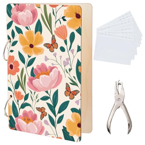 SUPERDANT Grußkarten Organizer Set Mit Blumen Und Schmetterlingen Wonderful Memories Kartenhalter Aus Holz Mit 2 Ring Innenhülle Locher als Geburtstags Und Hochzeitsgeschenk von SUPERDANT