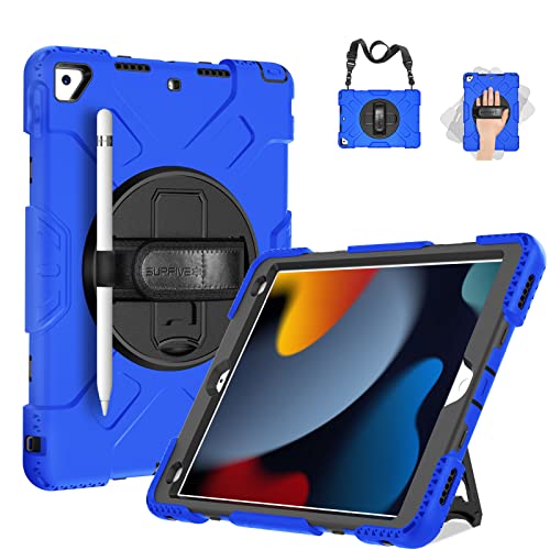 SUPFIVES Kids Case for iPad 8th/7th Generation 10.2 Inch 2020/2019, Military Grade Shockproof Three Layer Full Body Protective Rugged Cover Soft Silicone Bumper/Swivel Stand/Hand&Shoulder Strap - Blue von SUPFIVES