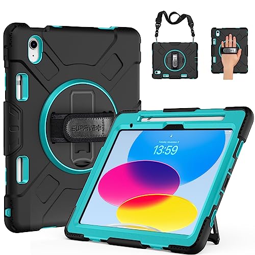 SUPFIVES iPad Air 2/9.7 Case 2018 2017, iPad 6th Generation Case Cover Handle Rugged Protective Case with 360 Stand+Hand Strap+ Shoulder Strap+Pencil Holder, Model A1893/A1954/A1822/A1823 (Black) von SUPFIVES