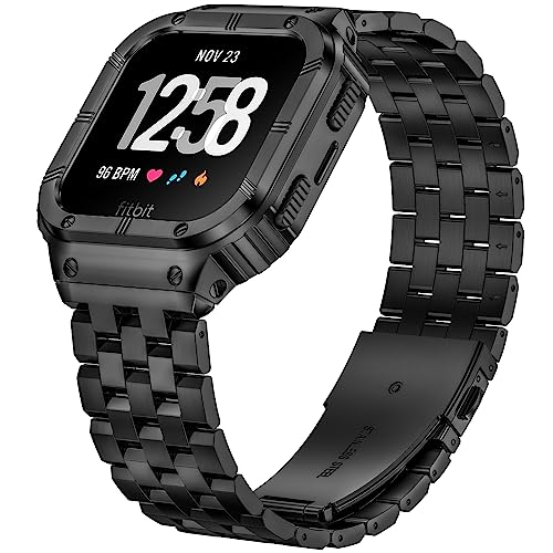 SUPLINK Edelstahl Gehäuse Band Kompatibel mit Fitbit Versa 4 Armband/Versa 3/Versa/Versa 2 Uhrenarmbänder Männer,Schutzhülle für Fitbit Sense/Versa Lite/Fitbit Sense 2 Armband,Schwarz von SUPLINK