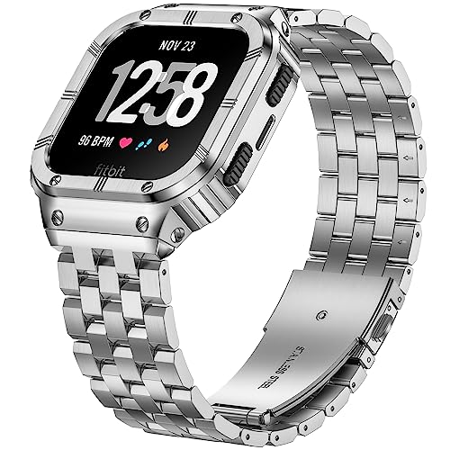 SUPLINK Edelstahl-Gehäuse Band kompatibel mit Fitbit Versa 2 Bands/Versa/3/Fitbit Versa 4 Bands Männer,robuste Abdeckung Armband für Fitbit Sense 2 Bands/Sense/Versa Lite Smart Watch,Silber von SUPLINK