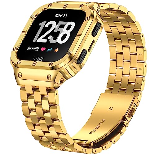 SUPLINK Edelstahl Gehäuse und Bänder Kompatibel mit Fitbit Sense Bänder/Versa/Versa2/Versa 4/Versa 3 Bänder Männer,Metallabdeckung für Fitbit Sense 2/Fitbit Versa Lite Watch Band,Gold von SUPLINK