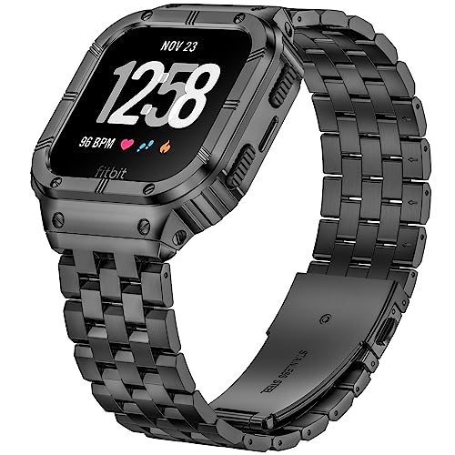 SUPLINK Edelstahl Gehäuse&Band Kompatibel mit Fitbit Versa 3 Band/Versa 4/Versa/Fitbit Versa 2 Bänder Männer, Abdeckung Armband für Fitbit Versa Lite/Sense 2/Sense Watch,Space Grey von SUPLINK