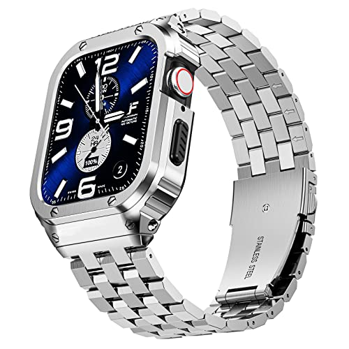SUPLINK Edelstahl Hülle mit Ersatzarmband Kompatibel mit Apple Watch Armband 45mmHerren, Einstellbar Metall Armbänder aus Edelstahl für iWatch Series 9 8 7 (Silber) von SUPLINK