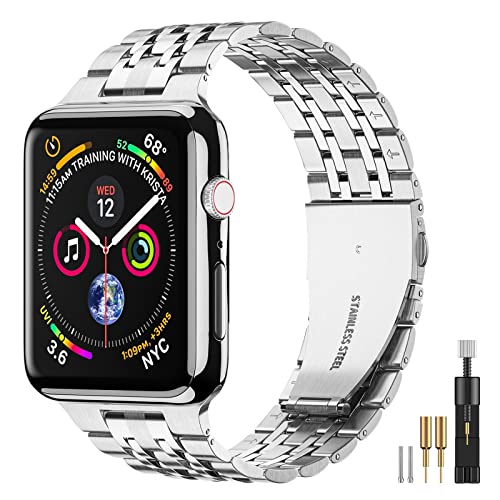 SUPLINK Edelstahlband Kompatibel mit Apple Watch 45mm 44mm 42mm 41mm 40mm 38mm, Metall Ersatzarmband für iWatch Bänder Serie 8 7 6 5 4 3 2 1 SE, Silber von SUPLINK