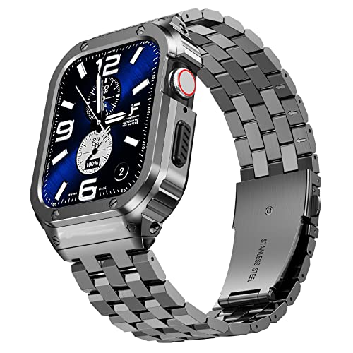 SUPLINK Edelstahlgehäuse mit Band Kompatibel mit Apple Watch Armbändern 45mm,Robuste Edelstahl Schutzhülle Bumper Armband für iWatch Serie 8/7 für Herren(Space Grau,45mm) von SUPLINK
