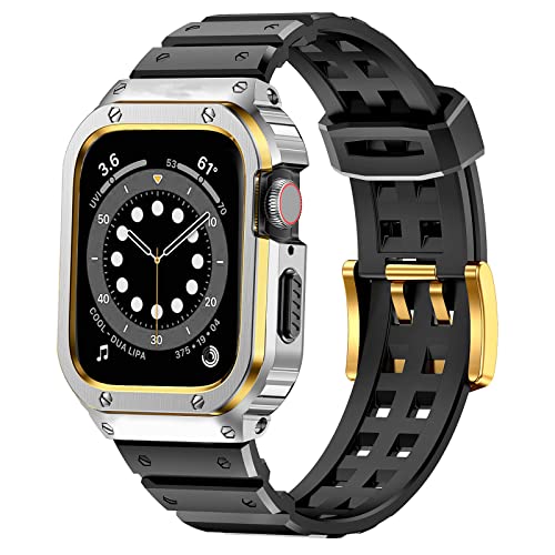 SUPLINK Metal Case with Band Compatible Apple Watch Bands 45mm with Bumper,Robuste Edelstahl-Schutzhülle mit TPU-Band für iWatch Series 8/7(Silber/Gold,45mm) von SUPLINK