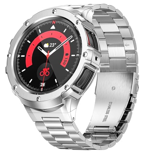 SUPLINK Metallgehäuse mit Band Kompatibel Samsung Galaxy Watch 5 Pro Armband 45mm/ Galaxy Watch 6 Armband/Watch 5/ Galaxy Watch 4 Armband 44mm, Edelstahl Schutzhülle Armband Männer(Silber) von SUPLINK