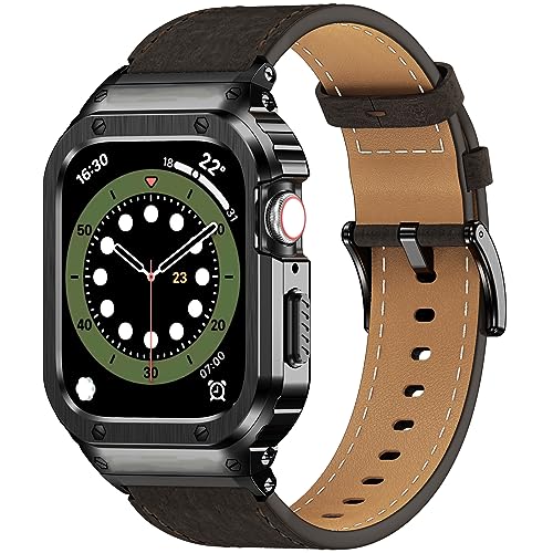 SUPLINK Metallgehäuse mit Lederarmband Kompatibel Apple Watch Armbänder 40/41mm,Edelstahl Schutzhülle Echtes Lederarmband für iWatch Serie 8/7/6/5/4/SE für Herren(Kaffee/Schwarz,40/41mm)… von SUPLINK