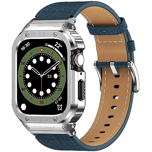 SUPLINK Metallgehäuse mit Lederarmband Kompatibel mit Apple Watch Armbändern 44mm,Robuste Edelstahl Schutzhülle Bumper Echtes Lederarmband für iWatch Serie 6/5/4/SE für Herren(Blau/Silber,44mm)… von SUPLINK