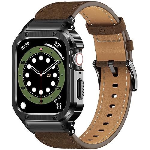 SUPLINK Metallgehäuse mit Lederarmband Kompatibel mit Apple Watch Armbändern 45mm,Robuste Edelstahl Schutzhülle Bumper Echtes Lederarmband für iWatch Serie 8/7 für Herren(Braun/Schwarz,45mm)… von SUPLINK