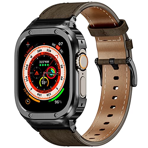 SUPLINK Metallgehäuse mit Lederarmband Kompatibel mit Apple Watch Armbändern 49mm,Robuste Edelstahl Schutzhülle Bumper Echtes Lederarmband für iWatch Ultra für Herren(Kaffee/Schwarz,49mm)… von SUPLINK