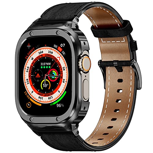 SUPLINK Metallgehäuse mit Lederarmband Kompatibel mit Apple Watch Armbändern 49mm,Robuste Edelstahl Schutzhülle Bumper Echtes Lederarmband für iWatch Ultra für Herren(Schwarz,49mm)… von SUPLINK