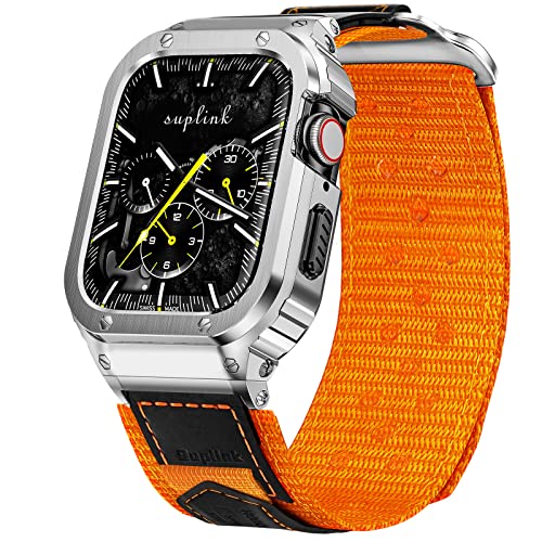 SUPLINK Metallgehäuse mit Nylonband Kompatibel mit Apple Watch Armband 44mm,Edelstahl Schutzhülle Armband für iWatch Serie 6/5/4/SE(Orange) von SUPLINK