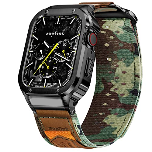 SUPLINK Metallgehäuse mit Nylonband Kompatibel mit Apple Watch Armband 44mm,Edelstahl Schutzhülle Armband für iWatch Series 6/5/4/SE(Camouflage) von SUPLINK