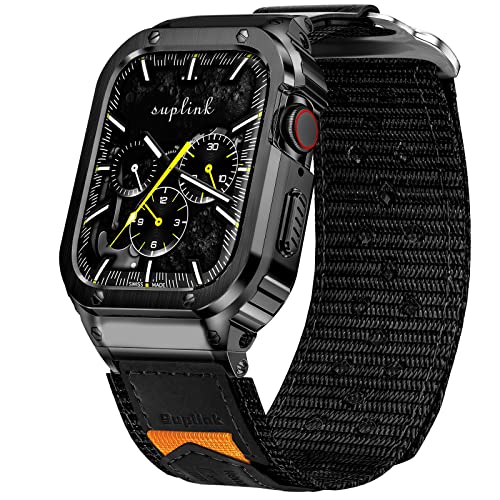 SUPLINK Metallgehäuse mit Nylonband Kompatibel mit Apple Watch Armband 44mm,Edelstahl Schutzhülle Armband für iWatch Series 6/5/4/SE(Schwarz) von SUPLINK