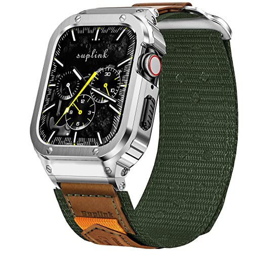 SUPLINK Metallgehäuse mit Nylonband Kompatibel mit Apple Watch Armband 44mm,Edelstahl Schutzhülle Bumper Armband für iWatch Series 6/5/4/SE(Grün) von SUPLINK