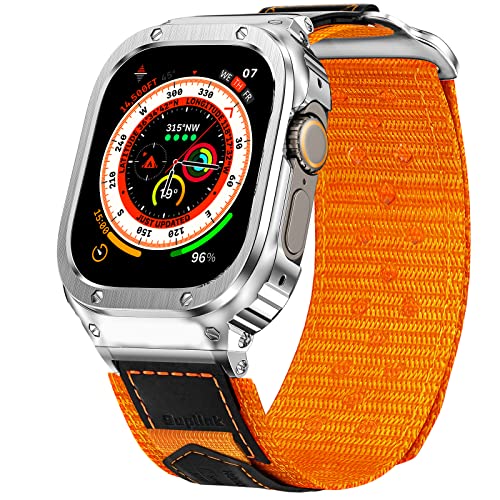 SUPLINK Metallgehäuse mit Nylonband Kompatible Apple Watch Armbänder 49mm,Edelstahl Schutzhülle Armband für iWatch Ultra(Orange) von SUPLINK