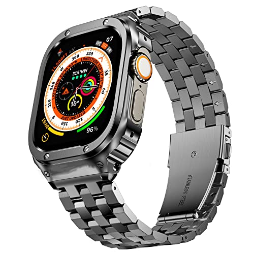 SUPLINK Edelstahlgehäuse mit Band Kompatible Apple Watch Armbänder 49mm,Robuste Edelstahl Schutzhülle Bumper Armband für iWatch Ultra für Herren(Space Grau,49mm) von SUPLINK