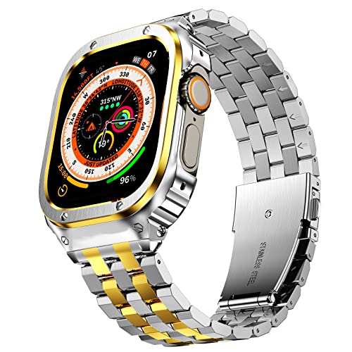 Suplink Edelstahlgehäuse mit Band Kompatible Apple Watch Armbänder 49mm,Robuste Schutzhülle aus Edelstahl Bumper Armband für iWatch Ultra für Herren(Silber/Gold,49mm) von SUPLINK