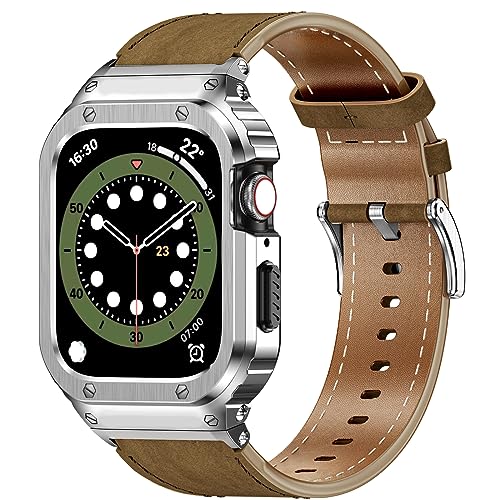 Suplink Metallgehäuse mit Lederarmband Kompatibel mit Apple Watch Armbändern 45mm,Robuste Edelstahl Schutzhülle Bumper Echtes Lederarmband für iWatch Serie 8/7 für Herren(Braun/Silber,45mm)… von SUPLINK