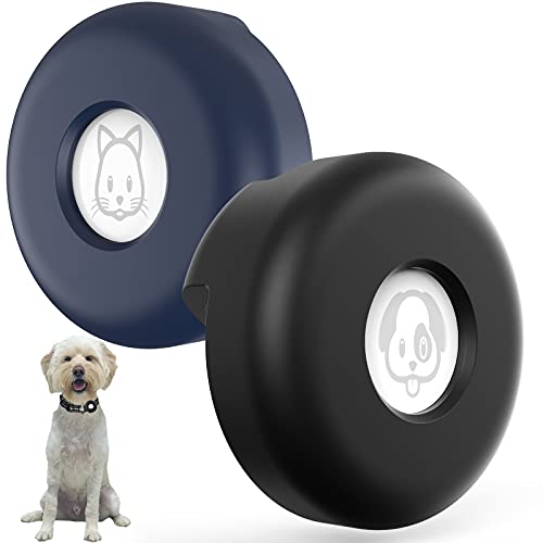 SUPMEGA AirTag Hundehalsbandhalter, [Slide on Collar] [Nicht baumeln] Kompakte Schutzhülle aus Silikon für Haustier-Katzenhalsband, Kompatibel mit AirTag 2021 (2 Stück, Schwarz & Blau) von SUPMEGA