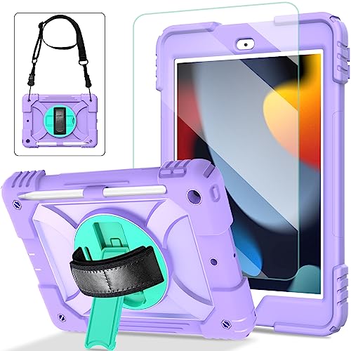 SUPNICE iPad 10.2 Hülle für Kinder, iPad 9./8./7. Generation, robuste Hülle mit Displayschutz und Schultergurt, robuste Schutzhülle für iPad 10,2 Zoll 2021/2020/2019, lila/grün von SUPNICE