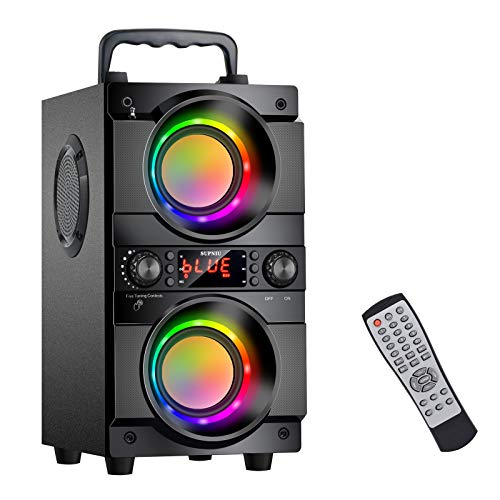 Tragbarer Bluetooth-Lautsprecher mit Doppel-Subwoofer, schwerer Bass, Bluetooth 5.0, kabellos, 30,5 m, unterstützt FM-Radio, bunte LED-Lichter, Stereo-Sound, für Zuhause, Party, Reisen von SUPNIU