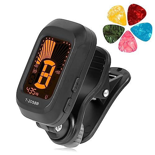 Stimmgerät Clip Tuner Gitarre Digital Stimmgerät mit 5 Stück Plektren Gitarre,Clip-On Tuner für Gitarre, Bass, Violine, Ukulele,Chromatisch von SUPRBIRD