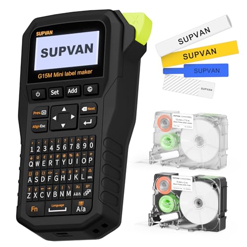 SUPVAN G15M Etikettendrucker mit Akku – Für 6-15mm Etiketten, Schrumpfschläuche & Kabel | Haushalt, Büro, Industrie, Outdoor | Inkl. 12mm Weißband + Schrumpfschläuche von SUPVAN