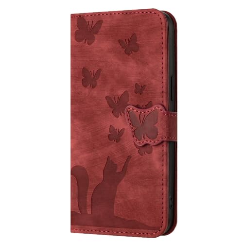 Brieftaschen-Schutzhülle kompatibel mit Samsung Galaxy S24, Katze, Schmetterling, geprägt, magnetisch, stoßfest, Leder-Klapphülle mit Kartenfächern, Ständer, Rot Brieftaschen-Schutzhülle kompatibel mit Samsung Galaxy S24, Katze, Schmetterling, geprägt, magnetisch, stoßfest, Leder-Klapphülle mit Kartenfächern, Ständer, Rot von SUPWALL