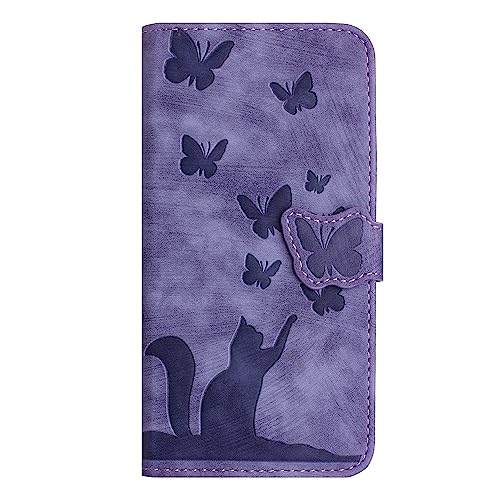 SUPWALL Brieftaschen-Schutzhülle kompatibel mit iPhone 16 Pro Max, Motiv: Katze, Schmetterling, geprägtes Leder, Klapphülle mit Kartenfächern, Ständer, Handyhülle, magnetisch, stoßfest, Violett von SUPWALL