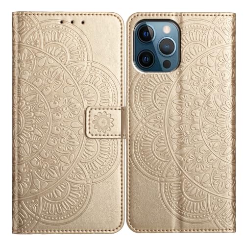 SUPWALL Schutzhülle mit Blumenmuster, kompatibel mit iPhone 16 Pro Max, Brieftaschenhülle für Damen, Mandala-geprägt, PU-Leder, magnetisch, Klappetui mit Ständer, Kartenhalter, Handschlaufe, Golden von SUPWALL