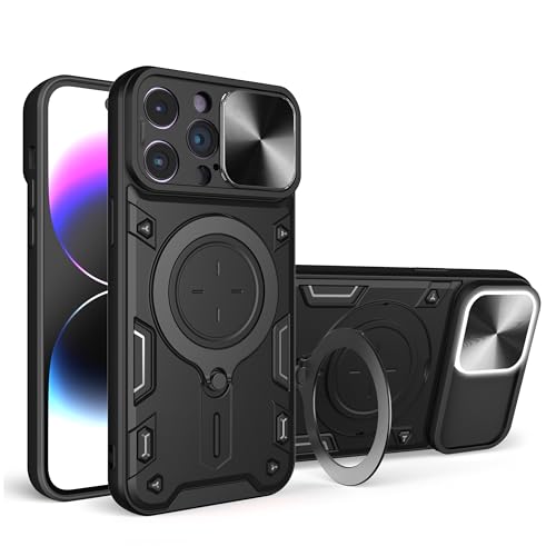 SUPWALL Stand Case fit für iPhone 12 Pro mit drehbarem Ringhalter, stoßfeste Schutzhülle mit Schiebe-Kamera-Abdeckung, magnetische Hülle für Autohalterung, Schwarz von SUPWALL