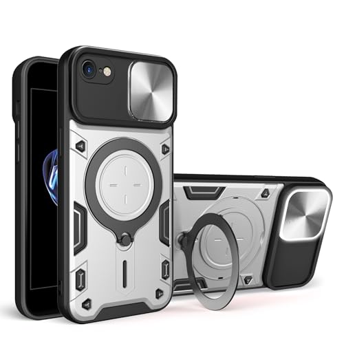 SUPWALL Stand-Schutzhülle für iPhone XR mit drehbarem Ringhalter, [Kompatibel mit MagSafe], stoßfeste Schutzhülle mit Schiebe-Kamera-Abdeckung, magnetische Hülle für Autohalterung, Silber 3862349 von SUPWALL